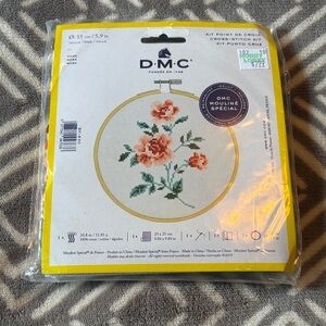 DMC Rose Cross-Stitch Kit - Peach & Green Floral Hoop